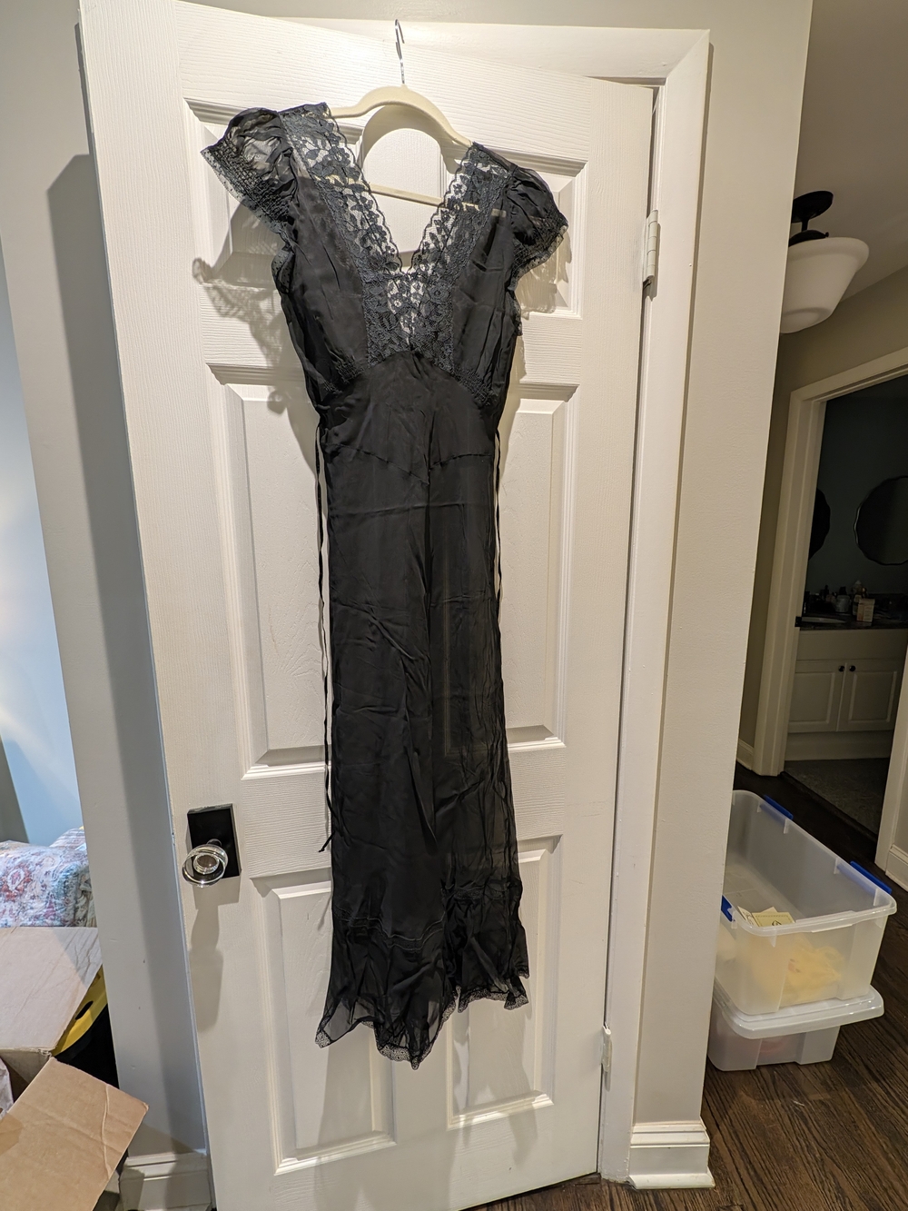 Women's Vintage Handmade Black Lace Trim V-Neck Negligee